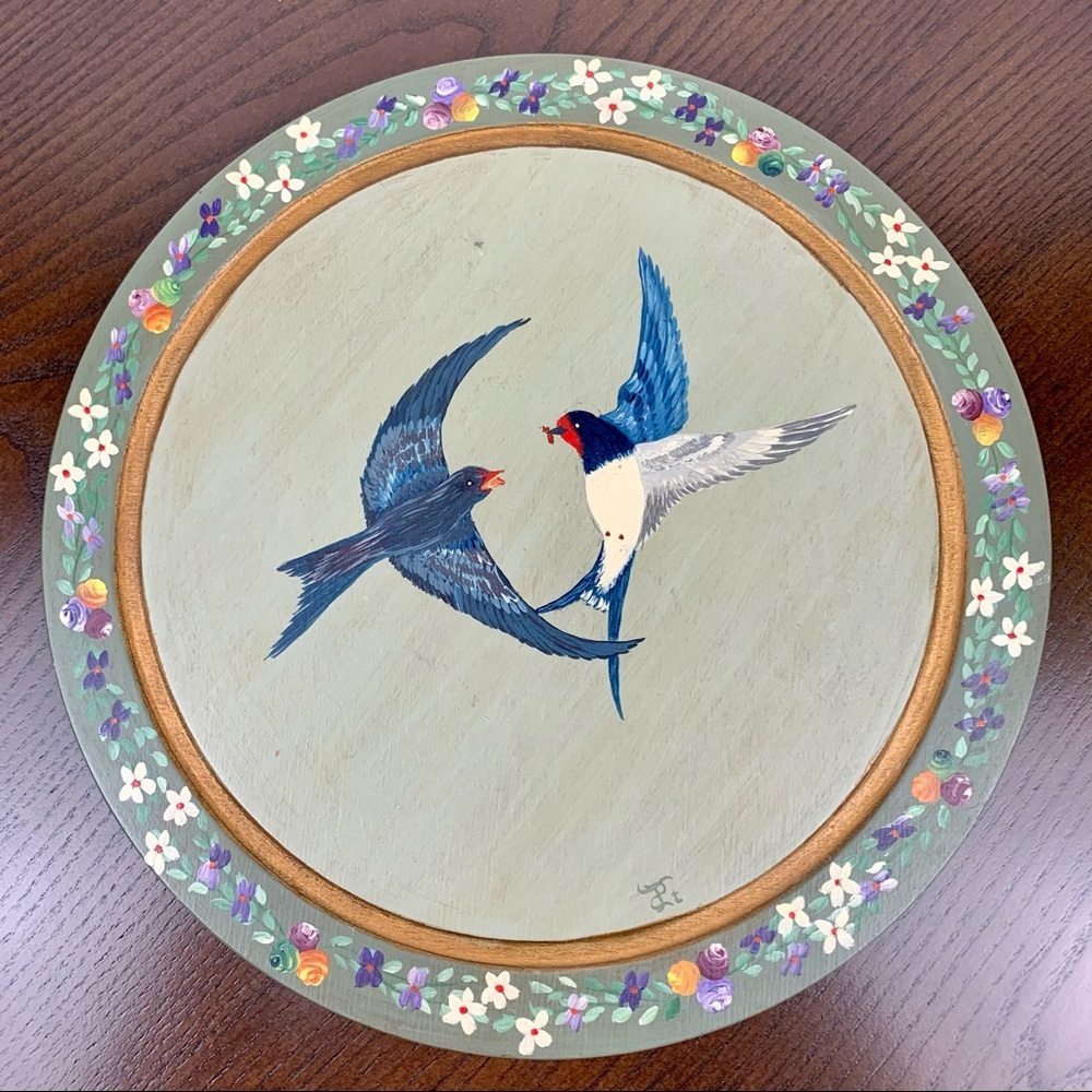 Vintage Handpainted Wooden Plate Plaque Wall Decor Birds Flowers Cottagecore - Picture 1 of 5
